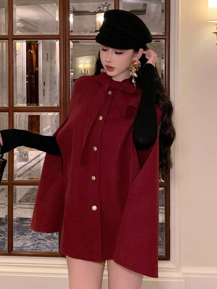 Oversized Women's Short Red Woolen Cloak With Bow, Elegant For Banquet Jacket,New Year Women Coats