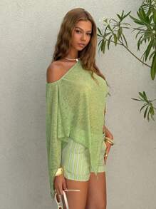 EgrlEra 女式休闲宽松不对称下摆衬衫，夏季款式 - 青檸色 - 查看 4