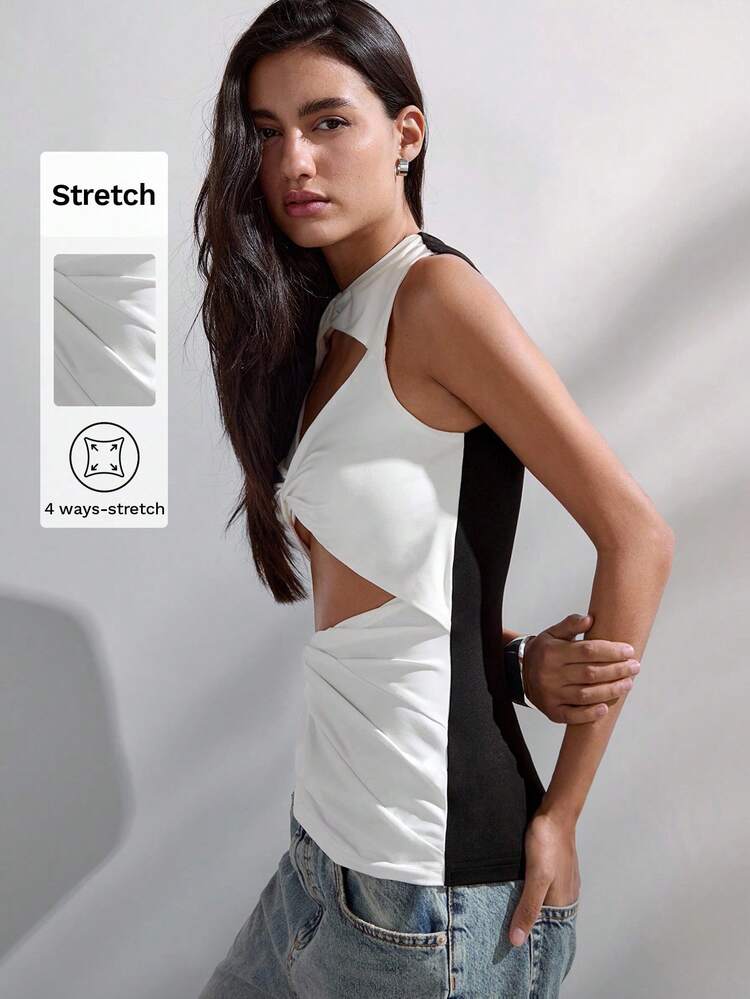 SHEIN Maija ブラック&ホワイト スプライシング 中空 ツイスト シャーリング ノースリーブタンクトップ レディース、ミニマリストファッションデザイン、モダンアーバンスタイル、定番の春夏レディースウェア