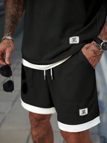 Manfinity Homme Men's Contrast Color Patchwork Round Neck Top And Shorts Casual Set, Holiday - Black - View 5