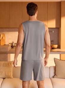 2 件男士休闲圆领无袖上衣和短裤睡衣套装 - 灰色 - 查看 2