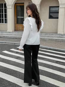 SHEIN Conjunto de blusa con lazo y mangas cortas + pantalones de pierna ancha en estilo dulce para niña