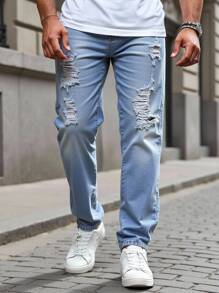 Manfinity VCAY Men's Light Blue Ripped Denim Jeans - Casual Washed Straight Leg Style Long Pants - Blue - View 1