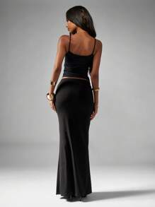 MISSGUIDED 高腰弹力修身长裙，侧面金色五金细节，及地长款晚会婚礼宾客夜间外出场合长款修身优雅时尚裙 - 黑色 - 查看 2