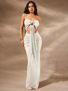 Hauture 夏季性感纯色镂空连衣裙 - 杏色 - 查看 1