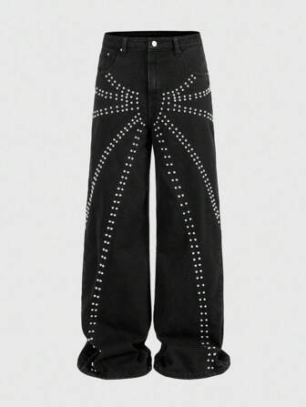 Grunge Punk Jeans casuales anchos y sueltos con bolsillos con tachuelas para hombres