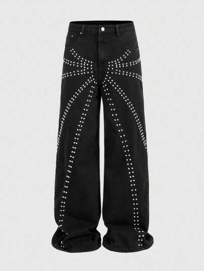 Street Life Men's Studded Pocket Wide Leg Loose Jeans