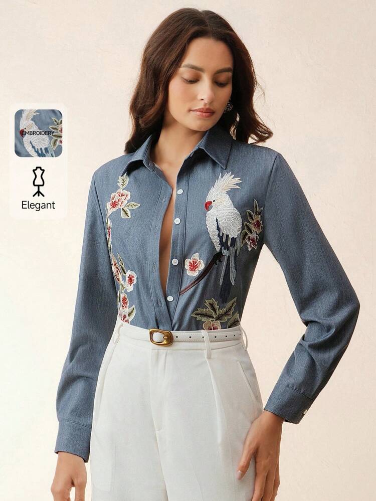 Camisa casual de manga longa com bordado floral solto e fashion