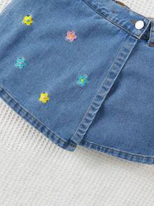 SHEIN Sparklyn 2pcs Set: Embroidered Denim Jacket With Turndown Collar & Asymmetric Hem Skirt, Fashionable & Stylish - Blue - View 5