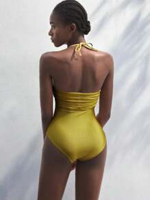 Maija 1 bộ đồ bơi liền thân họa tiết hoa 3D trơn màu cho nữ - Màu Mù tạt vàng - Xem 3