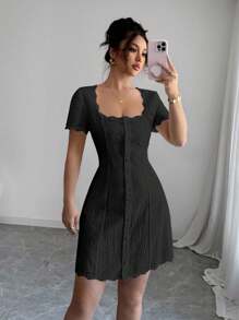 Rafferiza Women's Elegant Solid Color Button Front Dress Summer Dress