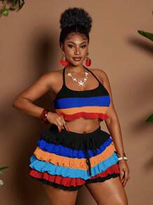 Maweii Conjunto de 2 piezas para mujer de talla grande, de unicolor, con cinta, estilo hueco para playa y vacaciones, sexy, vestimenta de playa, conjunto de verano para mujer, estilo bohemio - Multicolor - Ver 5