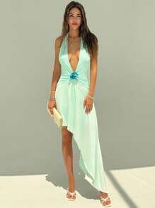 Aloruh Váy hở lưng cổ chữ V họa tiết hoa 3D cho kỳ nghỉ hè dành cho nữ - Hồng - Xem 4