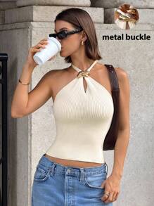 Siren Gaze Halter Neck Knitted Tops Women, Metal Button Decorated Tops, Autumn Women's Clothing, Tube Tops Streetwear Women, Oing Out Tops Women Knit Top,Back To School Clothes Sexy Tops Women,Halter Tops Chic Summer Casual