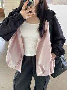 DAZY Women's Contrast Color Hooded Loose Street Style Casual Jacket,Fall Women Clothes - Grey - View 2