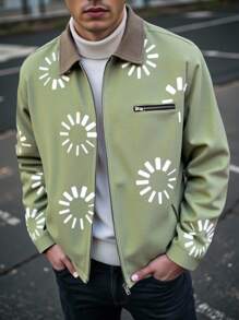 PAVTROS Manfinity Streetrush 男式太阳印花撞色翻领拉链前休闲绿色夹克男式夏季夹克图案夹克男式夏季夹克男式夏季夹克男式夏季夹克男式夹克工作夹克复古夹克印花夹克 - 軍綠色 - 查看 3