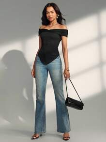 Almamuse 女士休闲纯色性感修身露肩上衣 - 黑色 - 查看 8