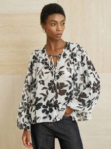 Aveloria Modichic Áo sơ mi tay dài phong cách Châu Âu thời trang đơn giản, rộng rãi, cổ chữ V, họa tiết hoa ngẫu nhiên - Nhiều màu - Xem 5