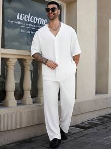 Manfinity Homme Plus Size Men's Solid Color Short Sleeve Single-Breasted Shirt And Pants Casual 2-Piece Set - White - View 3