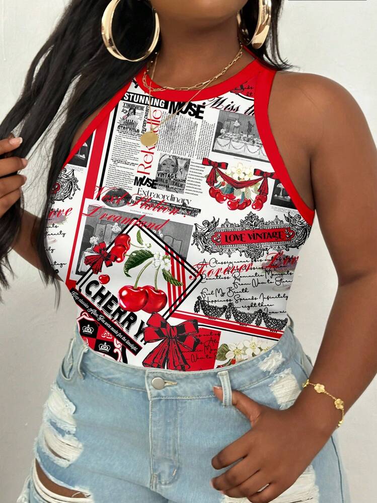 Slaydiva Plus Size Women Cherry Cartoon Print Round Neck Sleeveless Tank Top, Suitable For Summer Suitable For Going Out Back To School - Red - View 3
