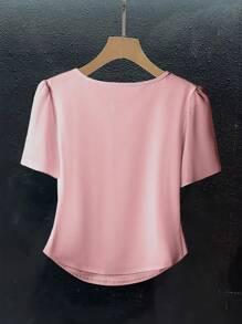 SHEIN Clasi 女士 3D 花卉装饰圆领泡泡袖荷叶边时尚 T 恤 - 粉色 - 查看 2