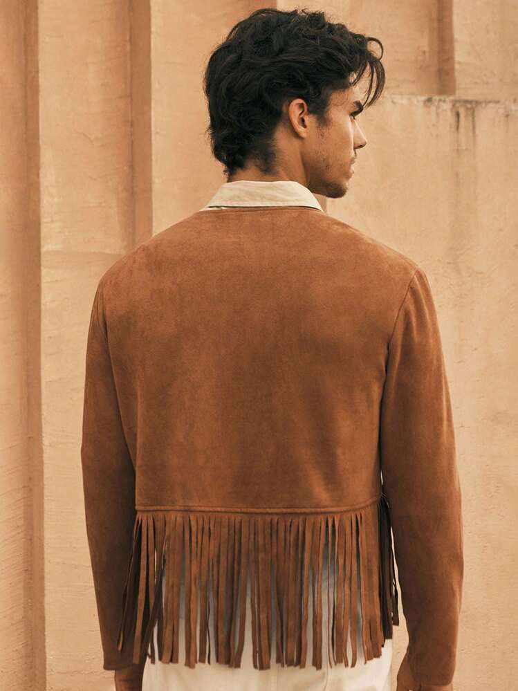 Manfinity NXTstreet Men's Vintage Fringe Decor Striped Fringe Jacket Men Fringe Jacket Cowboy Jacket Men Western Fringe Jacket Boho Jacket, Fall, Winter - Camel - View 2