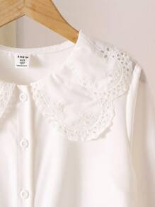 Sparklyn بلوزة كم طويل خصر فتيات مراهقات بأكمام منفوخة وطرز مجسم محبوك على الياقة بتصميم بسيط وعصري بلون واحد