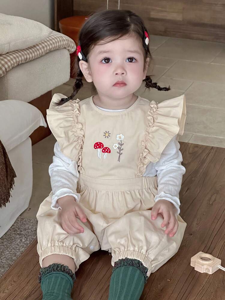 Baby Girls Ruffled Casual Cartoon Embroidery Solid Color Cute Fresh Jumpsuit Toddler Girls Clothes