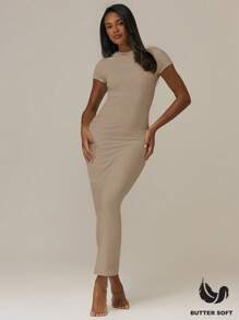 MUSERA ESSENTIALS 柔软如黄油般的短袖修身中长连衣裙，基础款休闲夏季可爱白色连衣裙，适合女士假日、秋季、冬季、圣诞节、新年派对 - 卡其色 - 查看 1