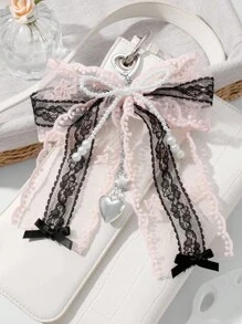 ROMWE Kawaii 1pc Retro Handmade Beaded White Pearl, Pink & Black Lace Bow, Layered Chain With CCB Heart & Star DIY Keychain/Bag Charm, Stylish & Elegant, Suitable For Women/Girls, Great Gift - Multicolor - View 3
