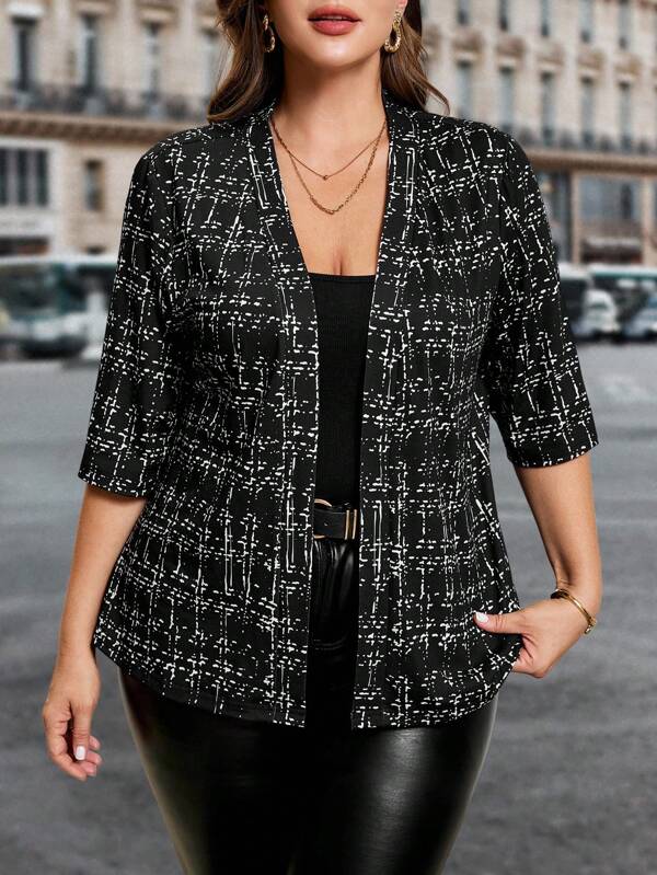 SHEIN Clasi Cardigan lavorato a maglia con stampa integrale e maniche 3/4 per taglie forti, adatto per uso quotidiano