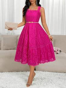 SHEIN Lady 2025 New Floral Lace Ruffle Hem Elegant Maxi Slip Dress For Women Fuchsia Dress Rose Lace Dress - Hot Pink - View 4