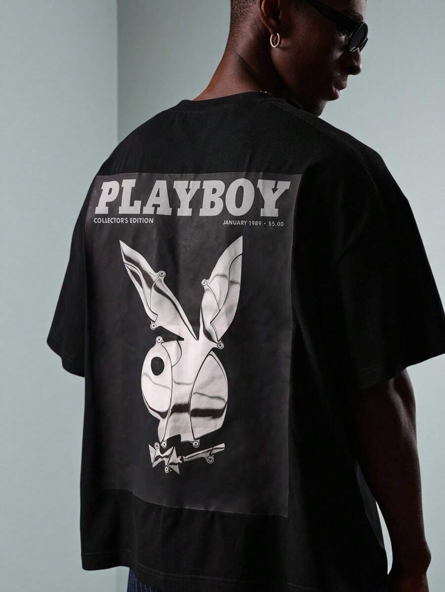 PLAYBOY X SUMWON 复古杂志封面印花超大T恤收藏版街头时尚图形设计男女通用宽松休闲上衣 - 黑色 - 查看 1