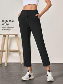 GLOWMODE 抗皱弹性易穿高腰锥形工作裤，带侧袋，日常休闲办公 - 黑色 - 查看 5