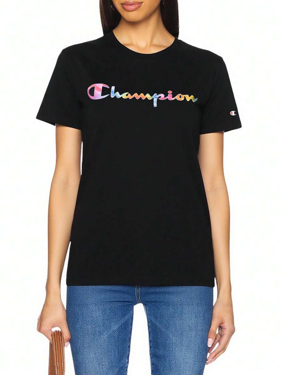 Champion 女式夏季字母图案圆领短袖休闲T恤 - 黑色 - 查看 1
