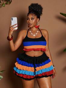 Maweii Conjunto de 2 piezas para mujer de talla grande, de unicolor, con cinta, estilo hueco para playa y vacaciones, sexy, vestimenta de playa, conjunto de verano para mujer, estilo bohemio - Multicolor - Ver 1