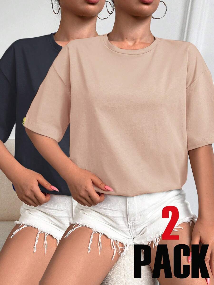 Cottnline 100% 纯棉 2 件套休闲宽松圆领短袖 T 恤，纯白色和米色，适合女士，完美的夏季百搭上衣 - 彩色 - 查看 1