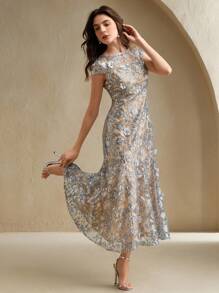 Anewsta 优雅香槟色花卉装饰网眼女士度假连衣裙，闪亮短袖派对/约会连衣裙，春夏装 - 銀色 - 查看 1