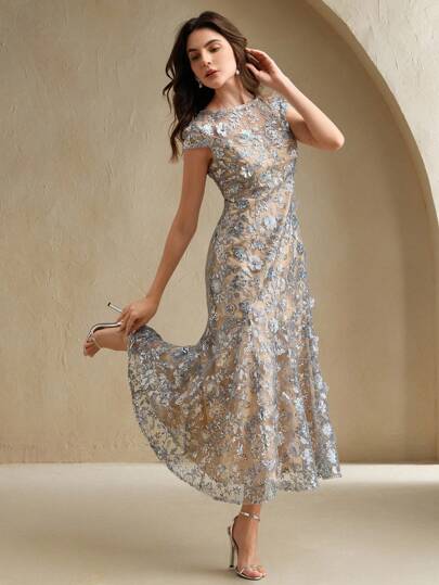 Anewsta Elegant Champagne Floral Embellished Mesh Resort Wear Dress For Women, Sparkly Short Sleeve Party/Dating Dress, Spring/Summer Outfits