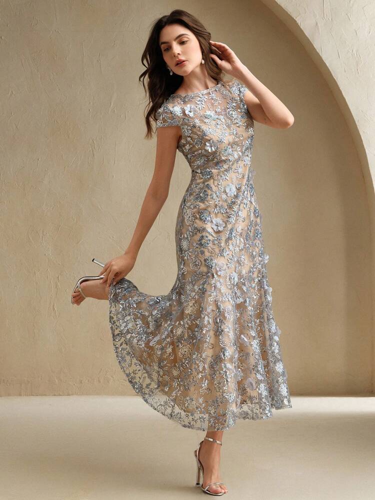 Elegant Champagne Floral Embellished Mesh Resort Wear Dress For Women, Sparkly Short Sleeve Party/Dating Dress, Spring/Summer Outfits