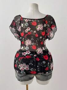 Sunspun 女士V领蕾丝拼接印花短袖T恤，修身腰部设计，优雅度假外出，夏季 - 彩色 - 查看 2