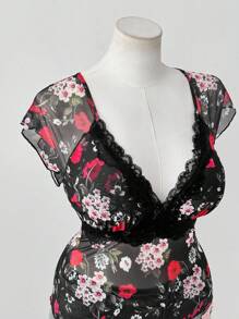 Sunspun 女士V领蕾丝拼接印花短袖T恤，修身腰部设计，优雅度假外出，夏季 - 彩色 - 查看 3