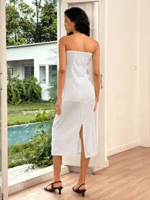 Ria Solene Summer Elegant Polka Dot Print Strapless Dress Summer Dress - Apricot - View 2