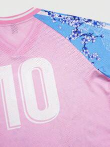 ROMWE MEN Prep World Cup Spring/Summer Casual Graphic Men'S Floral Print V-Neck Colorblock Short Sleeve T-Shirt, Summer, 2000S Style - Pink - View 4