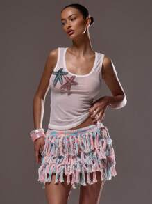 SHEIN x Eduarda Gutierrez MUSERA 贝壳海星亮片细节吊带背心，适合节日、假日、度假、可爱优雅的伊比沙岛外出上衣，优雅春夏款 - 白色 - 查看 5