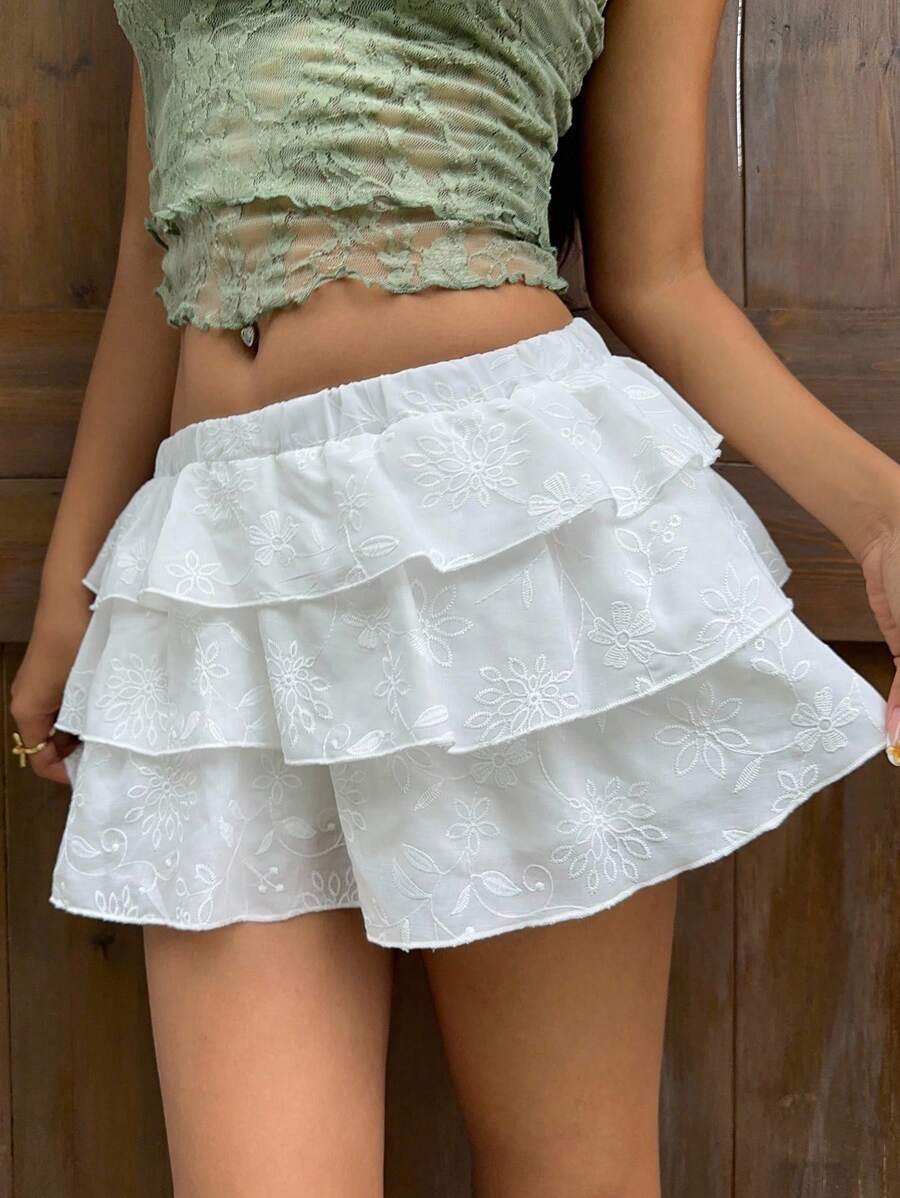 Sunnyshic Saia-calça feminina casual com cintura elástica e bordado em camadas para férias e verão - Branco - Ver 1