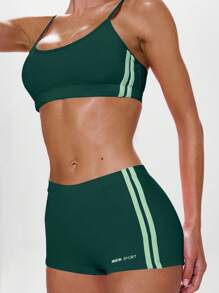 Musera Sport Spaghetti Strap Striped Side Cropped Cami Top Active Workout Gympadel, Tennis, Pickleball Fitness - Dark Green - View 4
