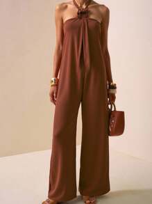 Zivah 2025年夏季新品，音乐节，毕业季，学院风，学生日常穿搭，百搭百搭，休闲，度假，海滩，日光浴，街头风，酒红色/棕色吊带绑带纹理面料露背连体裤 - 紅木色 - 查看 3