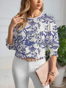 Glamance Marina Oliveira Chemise élégante à motif floral, col rond, manches mi-longues. Bleu et blanc. Tenue décontractée chic pour femme de bureau en été. Tenue de plage pour femme.