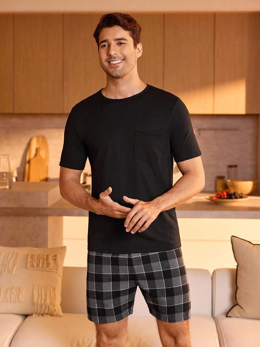 Men Solid Tee & Plaid Print Shorts PJ Set / Pajama Set - Multicolor - View 1